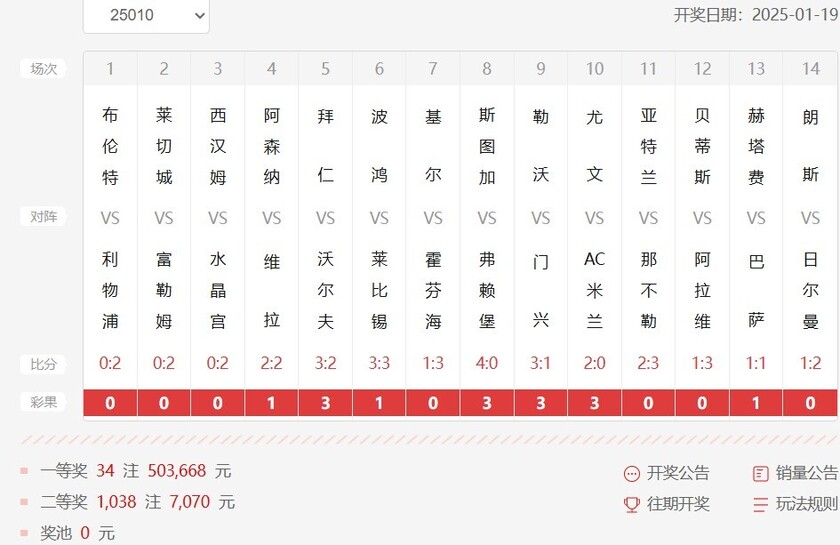 足彩第25010期开奖结果