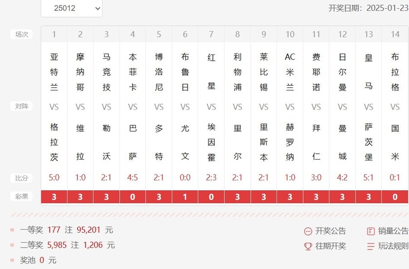 胜负彩第25012期开奖结果