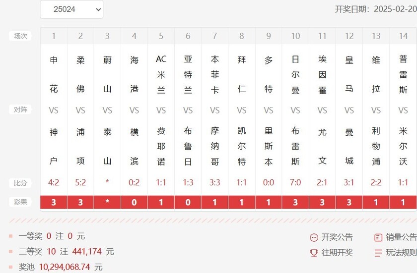 胜负彩第25024期开奖结果