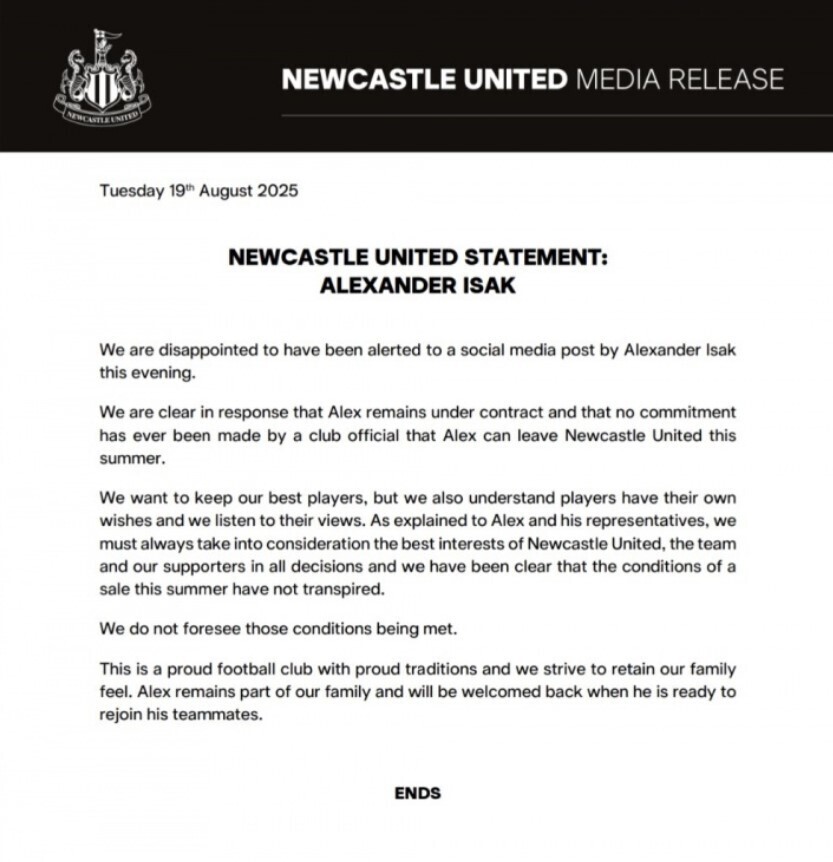 纽卡斯尔联官方回应伊萨克