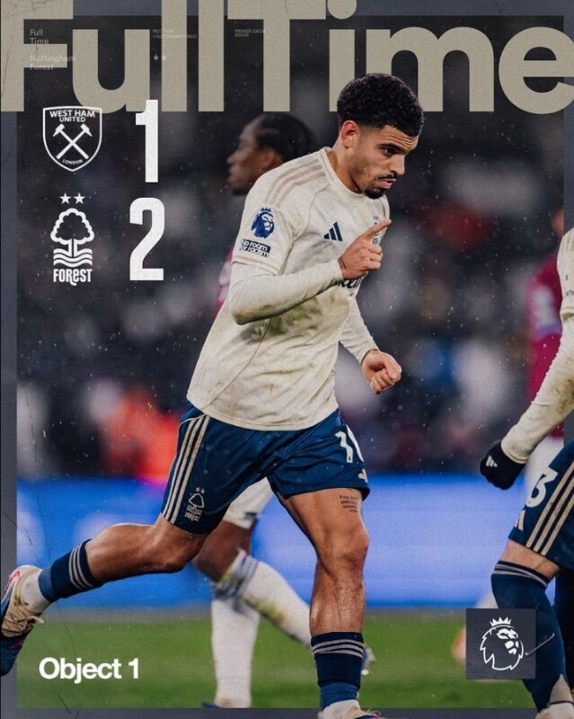 诺丁汉森林2-1西汉姆联