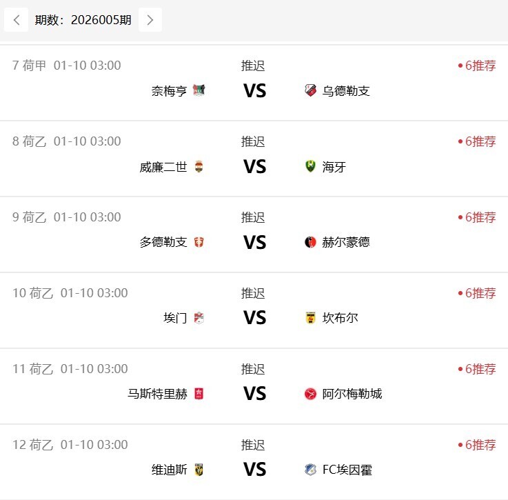 26005期六场比赛推迟