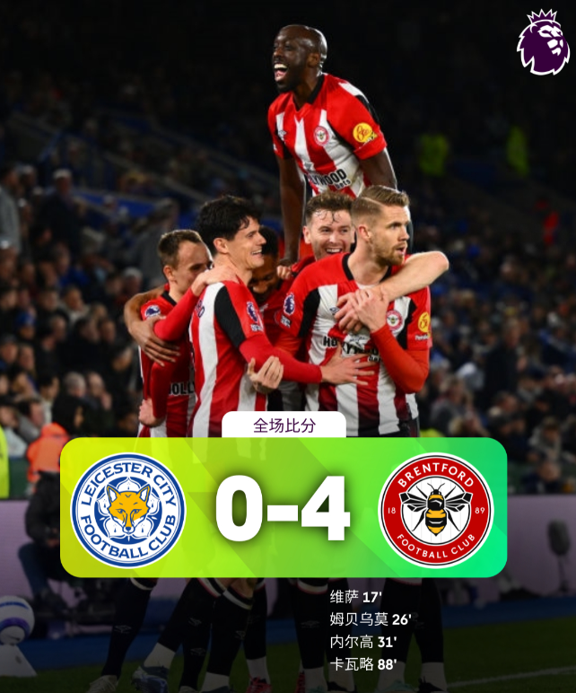 英超赛程：莱斯特城0:4布伦特福德