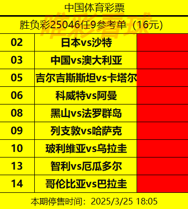 胜负彩任9-25046期