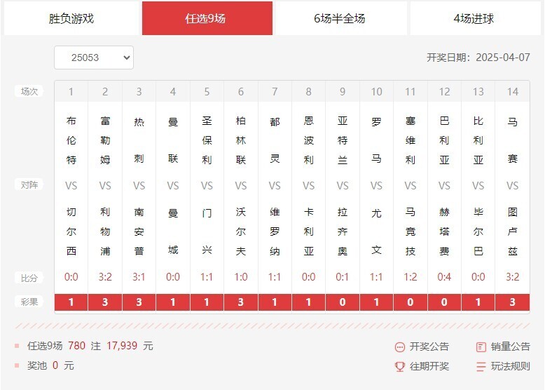 胜负彩第25053期任九