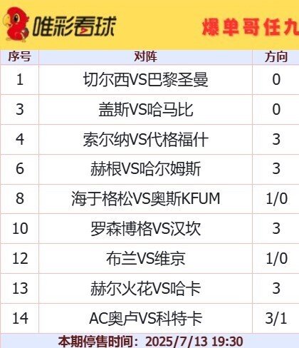 爆单哥任九25099期16元方案