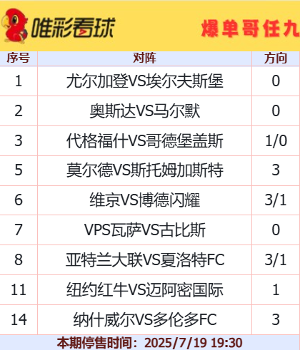 爆单哥任九25101期16元方案