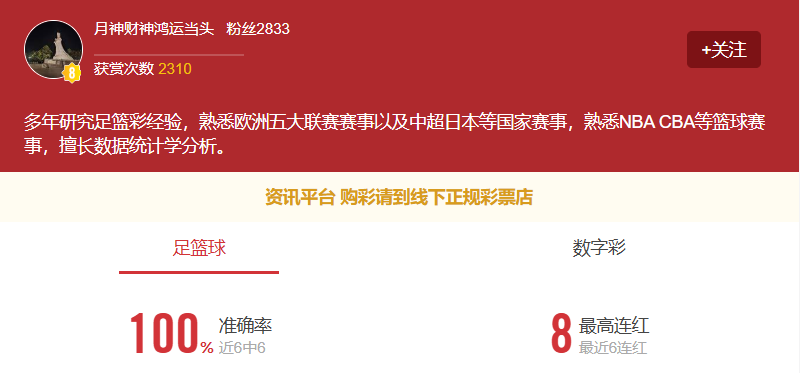 月神财神鸿运当头势头正盛！更多篮球信心场次推荐点点关注不迷路！
