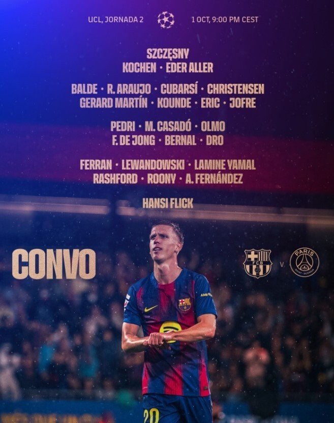 欧冠巴萨vs巴黎大名单