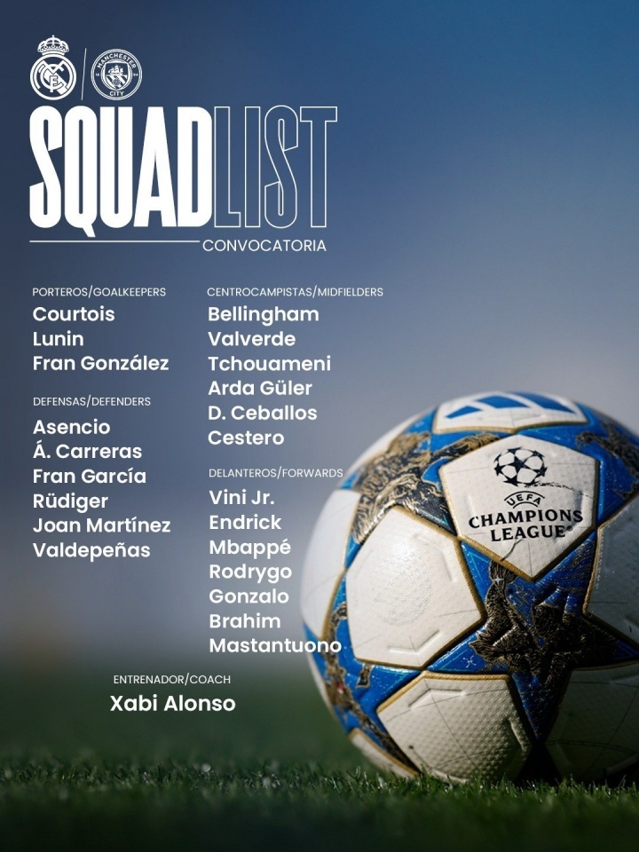 皇马VS曼城大名单